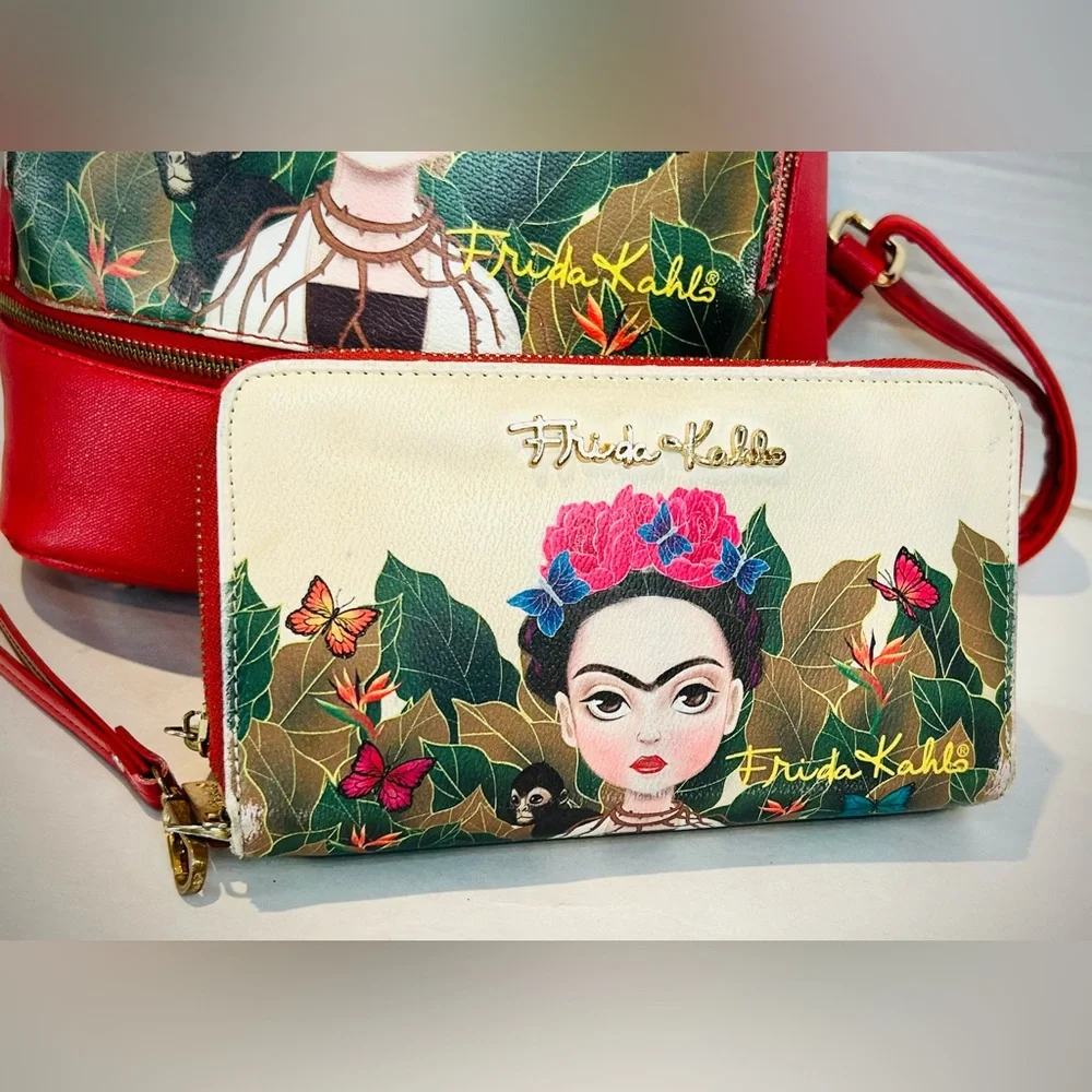 Frida Kahlo Cartoon Red and Cream Backpack & Matching Wallet